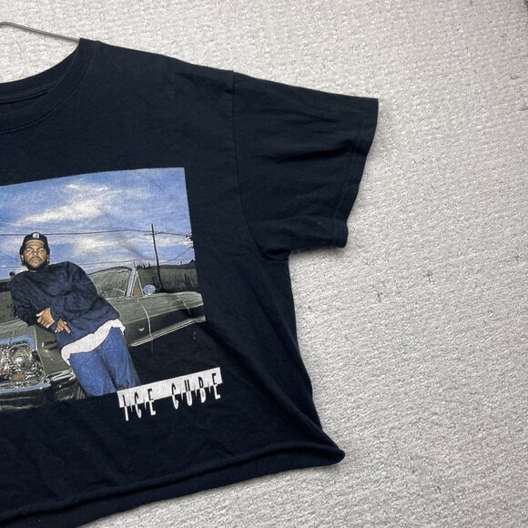 90s Style Ice Cube Graphic Crop Top T-Shirt Wom Sz M Black Distressed Hip Hop - Picture 3 of 12